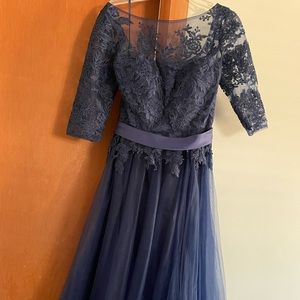 Navy blue lace over the shoulder tulle dress